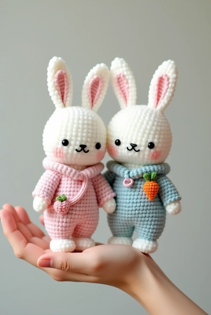 Produk desain,mini plushie, amigurumi , 2 bunny , A chubby bunny with white color, wearing pastel pink Hoodie to cover the head, and wearing pink jumpsuit, wearing  crochet flower sling bag and a chubby bunny  white color , wearing 
pastel blue hoodie to cover the head, pastel blue jumpsuit, wearing crochet carrot Sling bag, brand's eyes are made of black amigurumi eyes,  , kawaii design,Head size is larger than body, Product photo with plushie Standing on the wrist 