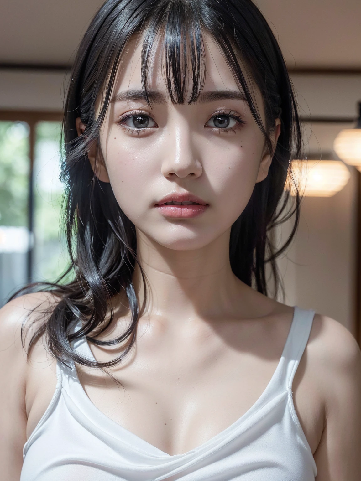 Highest quality,a girl, one girl,solo focus,raw photo,bloom,4K,8K,Realistic,Japanese women,一人のJapanese women,Age 25,Clear,kind,Beautiful eyes,short brown hair,,Large Breasts,healthy,positive,Very detailed,The background is a shower from the shower head（water）is bathed in,Washing hair and face,waterしぶき,shower room,one girl