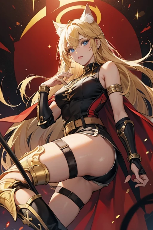 Dehya is a young woman with lightly tanned skin, sky-blue eyes with yellow 'cat-eye' pupils, and blonde-accented black hair, with accessories to make it resemble cat ears on top of her head (similar to Keqing). She wears an outfit consisting of black knee-high boots, shorts, belt, and elbow-length fingerless gloves, with a top consisting of black and red fabric. The entire outfit has gold-colored armor pieces attached: kneepads and wrist guards on both sides; a pauldron, vambrace, and gauntlet on her right arm, and a single bangle on her left bicep. She also wears a dark red feathered cape with two gold decorations hanging from it, and her vision hangs from her belt just behind her right hip. SPARKLE; GLITTER