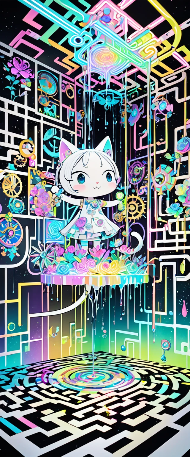 fusion of acrylic and collage paintings, 3D, clockwork, mysterious clockwork space, labyrinth space divided by neon line lights, (dripping fluorescent paint), iridescent flowers blooming from the point of impact, maze, labyrinth shaped, (chibi girl and cat pixar style), black and white and pastel colors, transparent, mysterious and funny high and fine artwork