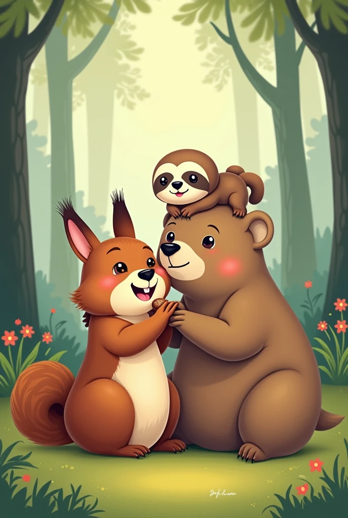 a cute drawing of a squirrel,with a sloth and a bear being friends