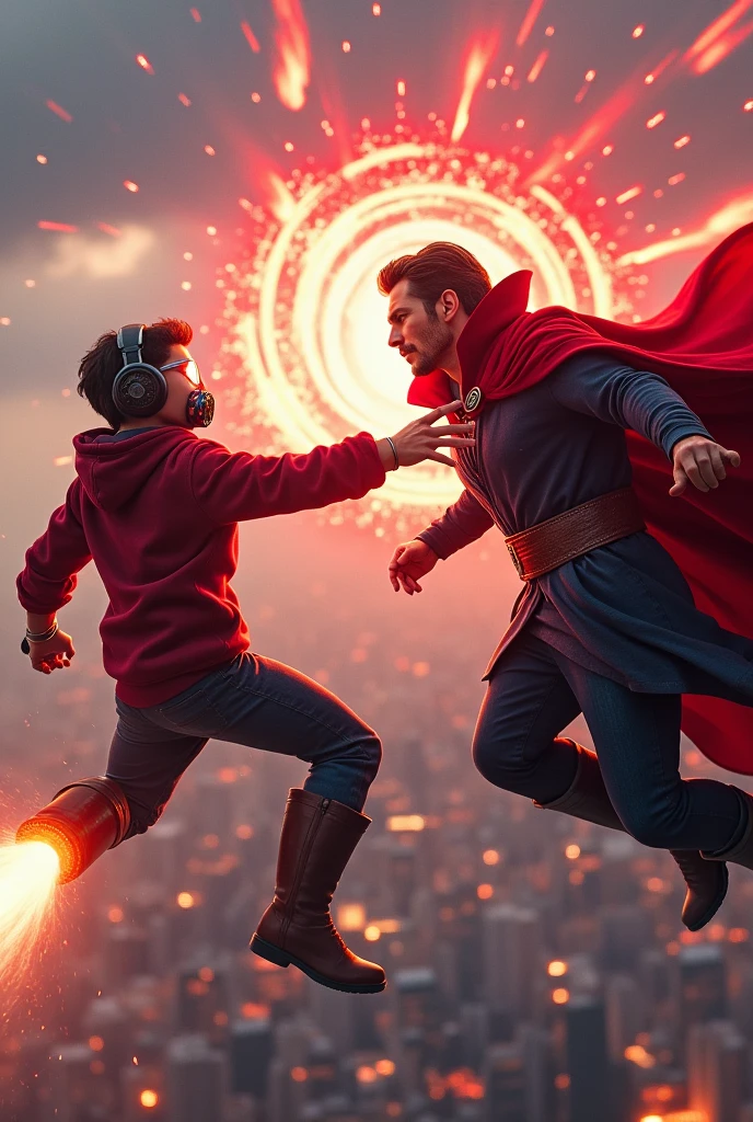 Young Star-lord with red hoodie, headphones, star-lord helmet, gas helmet, covered mouth, round red eyes, Red eyes, magic rings in the hands and rocket boots, Vs. Doctor strange , Fighting, power, fiction, full body, 2 person, magic lasso, hight, fall, fire in boots, poweful spells, fighting, realistic, helmet, mask, red cape, confrontation, punch, gun, flying in the sky, red magic portal, view of the city from above