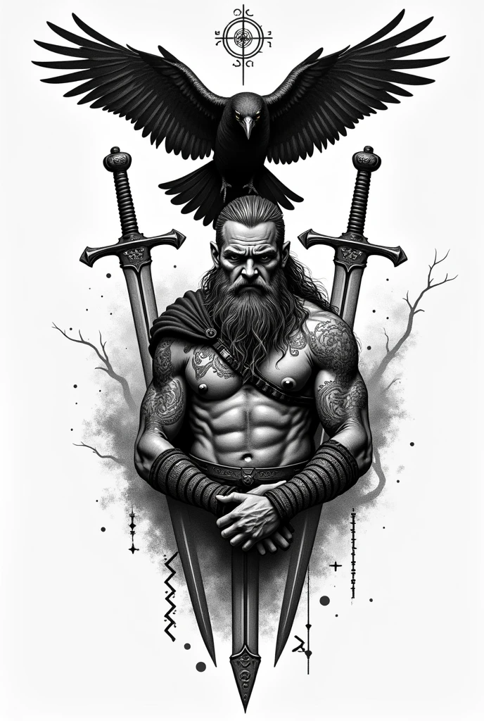 Create a black and white pointillism tattoo of a Viking with a raven flying over swords and runes
