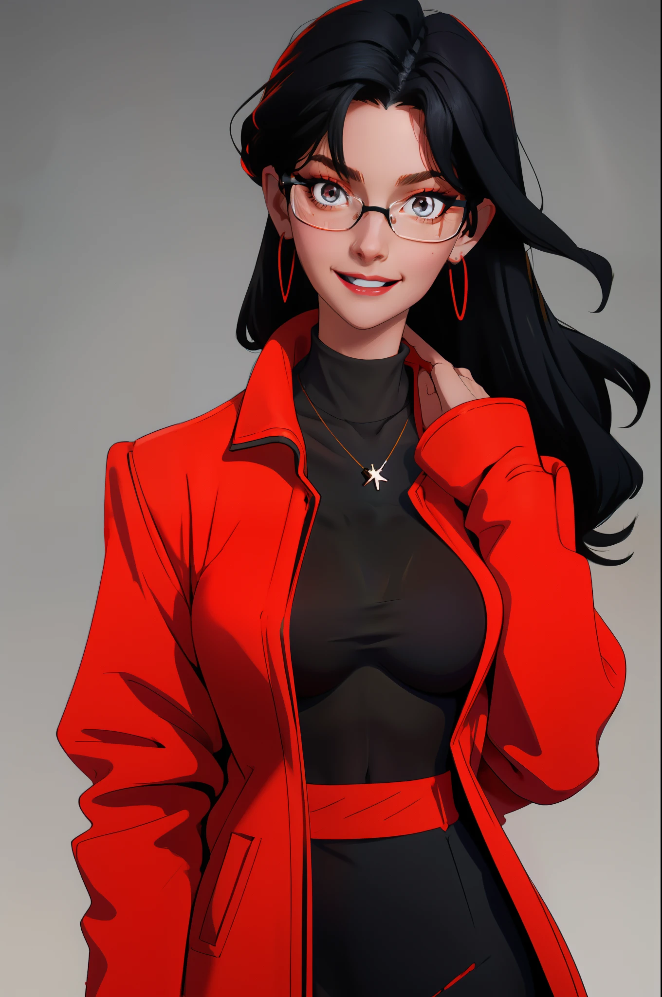 masterpiece, best quality, black hair, glasses, necklace, earrings, red sweater, turtleneck, labcoat, black miniskirt, large breasts, upper body, looking at viewer, doctor's office, smile, mischievous,