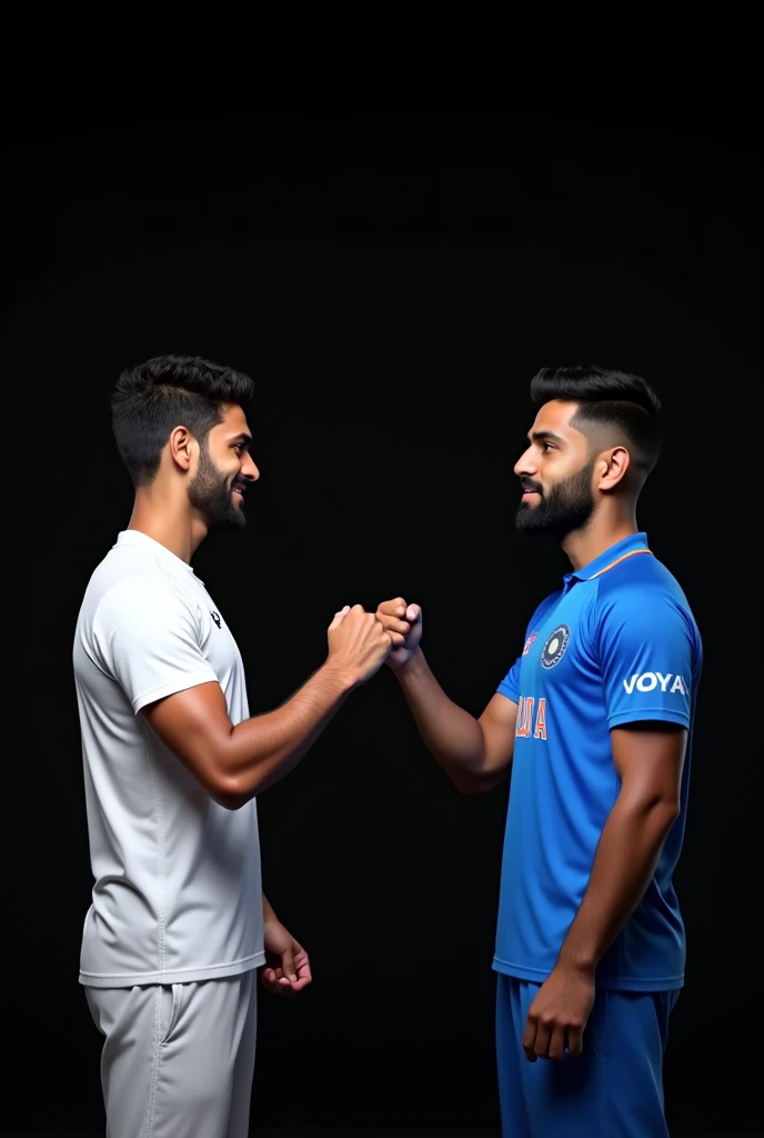 Two 30 years old boy wearing white jersey and another boy wearing india cricket blue Jersey, fist bumping in the black background