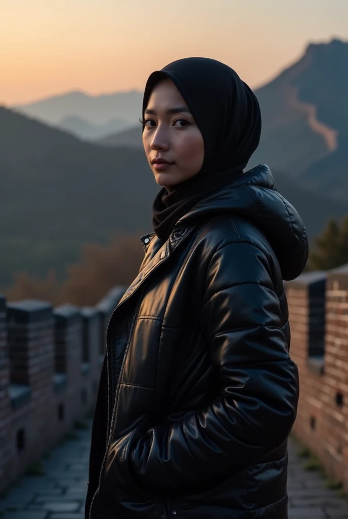 an Indonesian Javanese woman (2, oval and clean face, hijab, thin body, Indonesian style leather, wear a thick winter jacket, jeans) standing posing like a model on the Great Wall of China, photo is slightly tilted to the side, visible face, night atmosphere, minimal lighting, sunset light. ultra HD, original photo, very detail, very sharp, 18mm lens, realistic, photography, camera leica