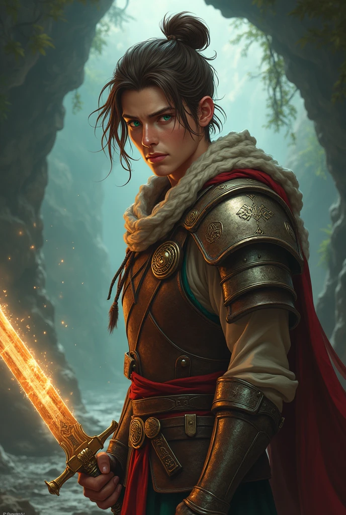 Full body image Lian is a young adventurer of approximately 20 years old, coming from medieval era. With an athletic stature and firm posture, he is an example of strength and agility. His hair is brown and disheveled, often tied up in a bun so as not to get in the way during their battles. Their eyes, intense green, reflect an unwavering determination and an insatiable curiosity about the world around them.
Lian is known for his exceptional skill with the sword., a blade forged with ancient runes that glows with a soft, mystical light. This sword is not just a weapon, but a symbol of his rigorous training and courage. He wears reinforced leather armor, designed to offer mobility without compromising protection. The armor is adorned with symbols of your clan and details indicating your achievements..
Despite his focus on the sword, Lian also has a rudimentary knowledge of magic., acquired through studies and practices with local magicians. This knowledge helps you imbue your blade with spells and enchantments., increasing your combat effectiveness.
Her fearless and loyal spirit makes Lian a natural leader among her fellow adventurers.. He is driven by the pursuit of justice and the desire to protect the innocent.. Your journey is marked by battles against monsters and challenges in dark caves., where his skill with the sword and his knowledge of magic prove indispensable