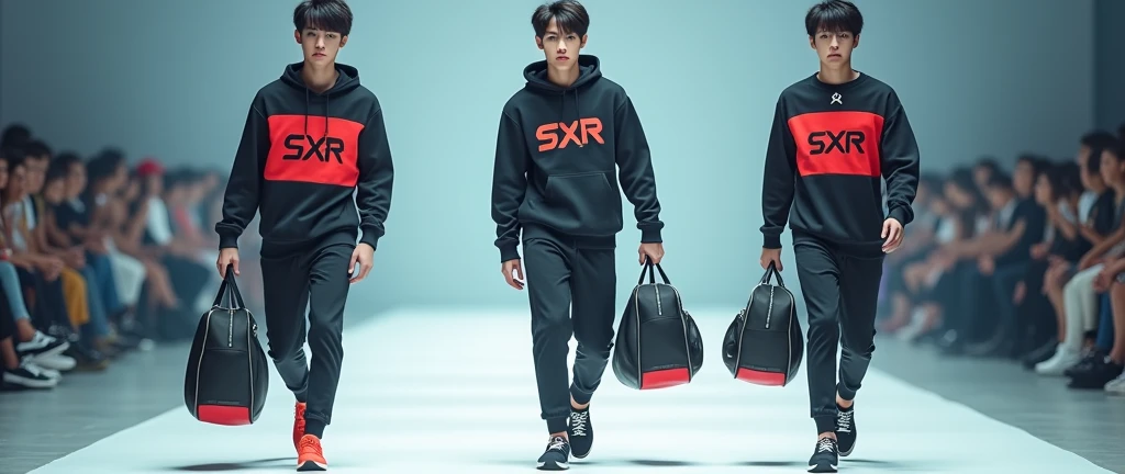 (photorealism:1.2), Three sportwear fashion handsome 18 yrs. old, k pop Asian male model, runway show full body holding sports bag pack, tank top casual wear style, SXR logo design, ultra-detailed, film photography, light leaks, trending on sportwear, sharp focus, studio photo, futuristic details, highly detailed