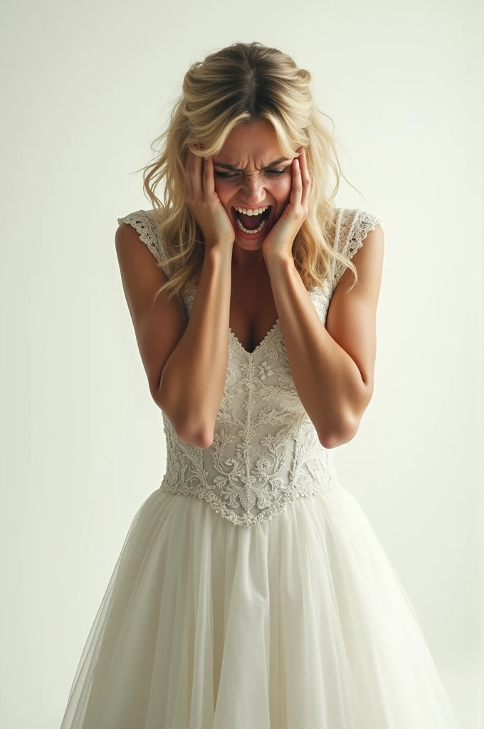 Beautiful blonde in a wedding dress screams angry and holds her head in her hands