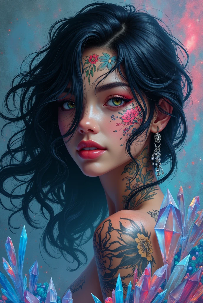 crystal style art, full body a very beautiful attractive woman with black hair, happy smile, inspired by Ryan Barger, fantasy art, sakimichan frank franzzeta, a woman's face is one third covered with impressive unique tattoos, greg rutkowski, beautifully infected, gamora, vivid colors surreal intricate details 8k