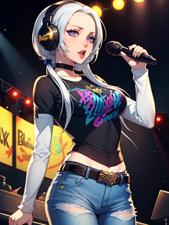 Edelgard,earrings ,lipstick, eye shadow, makeup, 1girl, solo, black t-shirt, white shirt, blue jeans, belt, lipstick, large breasts, layered sleeves, sexy pose, holding a micrphone, singing, stage background, headphones