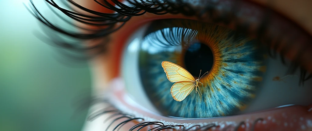 One eye watching a butterfly,Butterflies reflected on the surface of the eyeball。