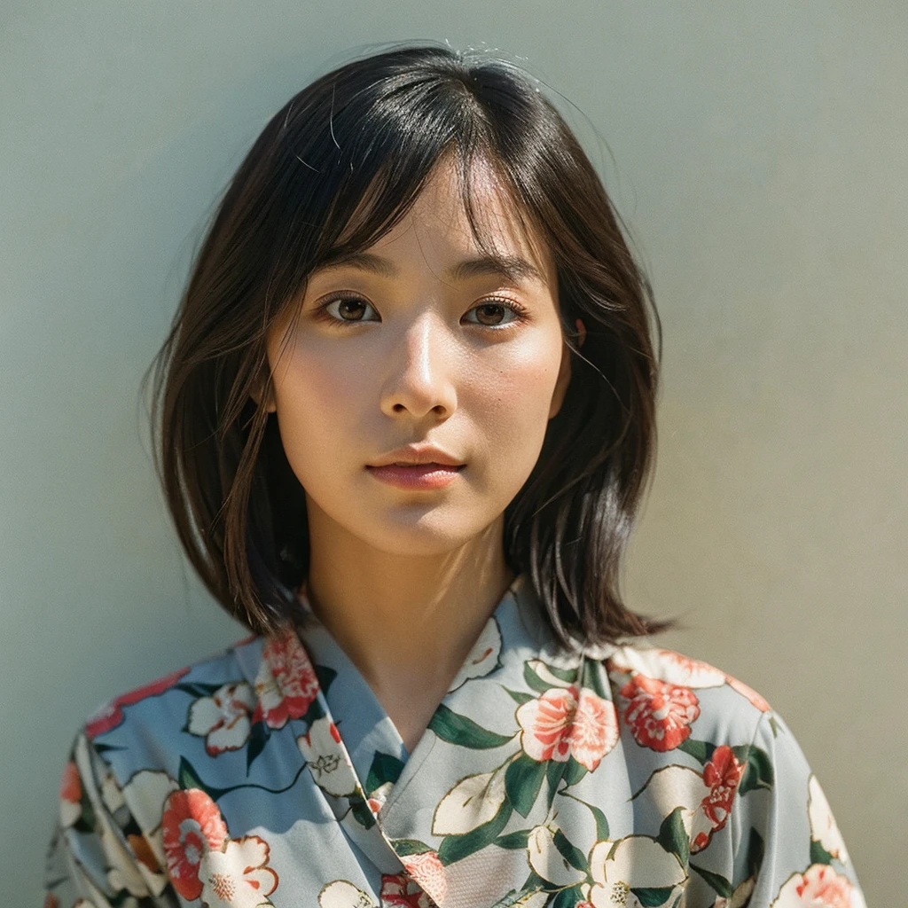 A hyper-realistic image of a single Japanese woman in her early 20s, captured from the shoulders up with the nostalgic warmth and subtle graininess of a film camera. She is wearing a traditional yukata with a vibrant, cute design featuring bold and colorful floral patterns such as cherry blossoms and peonies in shades of pink, red, and lavender, set against a soft pastel background. The obi is elegantly tied with a complementary color, adding a playful touch. The fabric of the yukata appears naturally lightweight, with visible folds and textures that enhance its realism, draping gracefully over her shoulders. Her skin, seen clearly from the shoulders up, has a warm beige tone with a highly realistic, slightly rough texture, showcasing visible pores, fine lines, and minor blemishes, along with subtle unevenness, such as delicate dryness around the cheeks and small natural shadows under the eyes. The lighting is soft and subdued, replicating the gentle, diffused natural light of an overcast day or early evening, creating realistic shadows across her face. These shadows subtly contour her cheekbones, nose, and jawline, adding depth and dimension to her facial features, enhancing the lifelike quality of her skin texture. Her straight, glossy black hair frames her face naturally, slightly tousled, adding to the authenticity of her look. Her deep brown eyes reflect the ambient light, providing depth and a natural, lifelike shine. The film camera effect introduces a noticeable grain and a soft focus, giving the image a warm, nostalgic atmosphere while maintaining the raw, lifelike quality of her skin. The composition is centered solely on her, capturing her serene and understated elegance, focusing closely on the detailed textures of the yukata and the authentic, natural skin texture, with dynamic lighting and shadow play that mimics a real-life photograph.