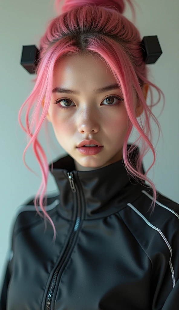 cold girl, CRU photo, a portrait of sxeyez, (pink hair: 3) , gotou, hair ornament, cube hair ornament, Training jacket , (highly detailed skin:1.2), 8k hd, dslr, soft lighting, high qualiy, film grain, Fujifilm XT3