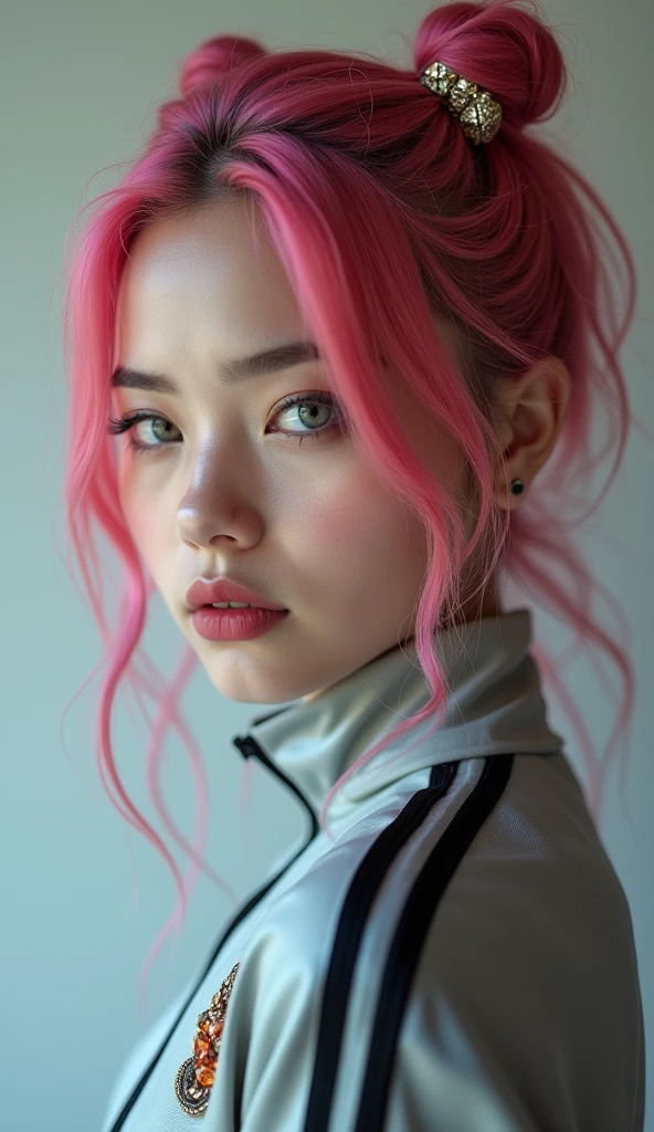cold girl, CRU photo, a portrait of sxeyez, (pink hair: 3) , gotou, hair ornament, cube hair ornament, Training jacket , (highly detailed skin:1.2), 8k hd, dslr, soft lighting, high qualiy, film grain, Fujifilm XT3