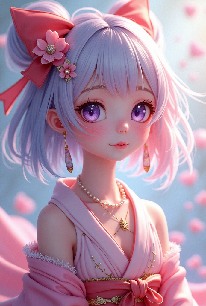 Hair: Light pink - light blue
eyes: Purple
accessories (hair): Red gold hair bow and cherry blossom brooch
Costume: Blue kimono
accessory(hand): pearl necklace
Gender: female
Age: 13