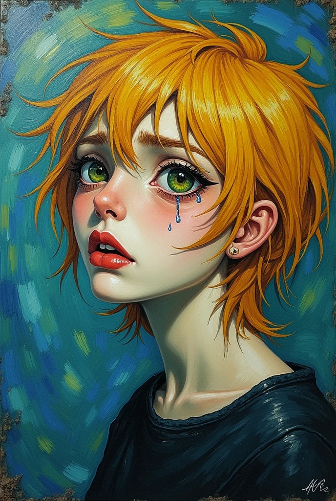 Make a painting like Van Gogh&#39;s with dark blond hair and green eyes., crying with realistic tears
