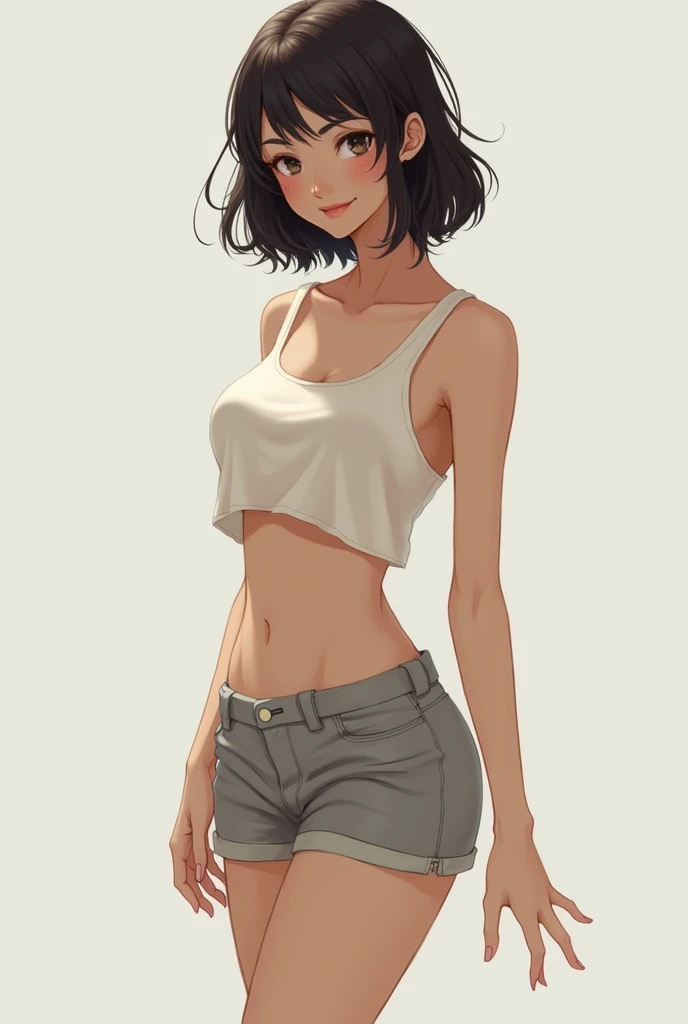 A girl,
De pele clara, white as snow small breasts, lemon type with dark hair, at shoulder height
, dressed in a short skirt ,
Legs on show And a top