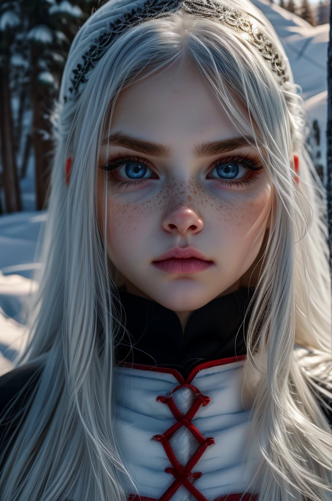 very beautiful woman, perfect face, long white hair, small sharp face, perfect big blue eyes, thin arched eyebrows, very thick and long eyelashes, close up face, freckles, small nose, black winged eyeliner, front view, looking at viewer, super white skin, russian soft small features, in the snow 