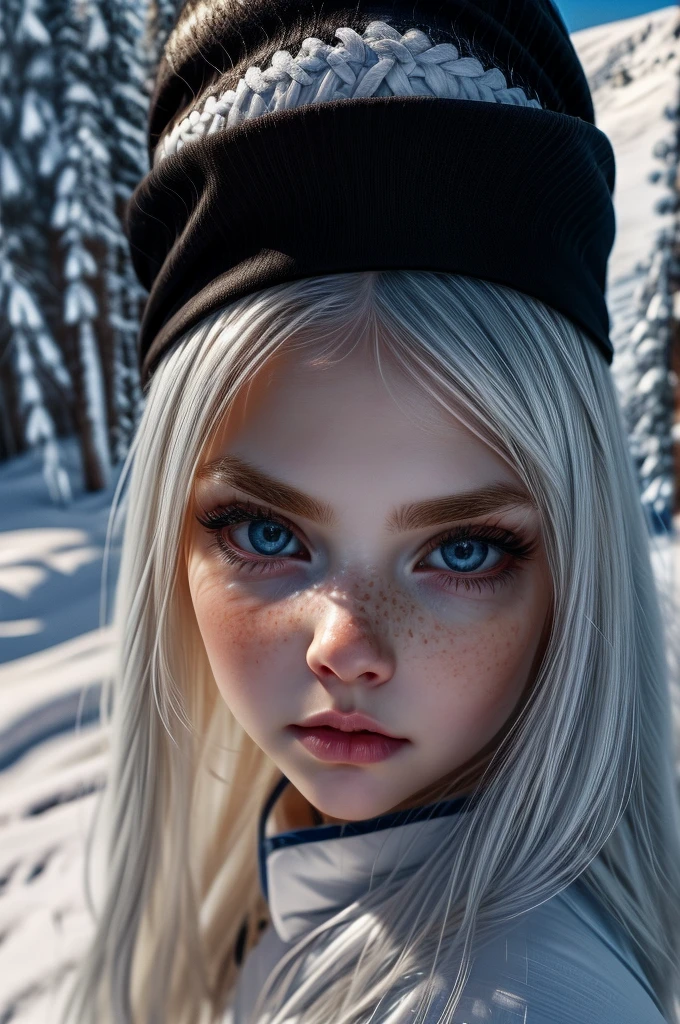 very beautiful woman, perfect face, long white hair, small sharp face, perfect big blue eyes, thin arched eyebrows, very thick and long eyelashes, close up face, freckles, small nose, black winged eyeliner, front view, looking at viewer, super white skin, russian soft small features, in the snow 