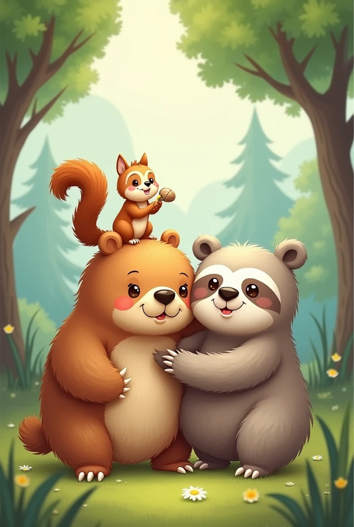 a cute drawing of a squirrel,with a sloth and a bear being friends
