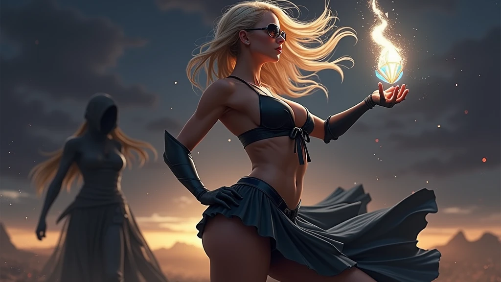 A young futuristic female sorcerer with a glowing floating small crystal stone, releasing mysterial spell and magical power, facing and defeating dark forces and beings. She stands with her right hand raised forward with a blue fire of light, floating ghost-like evil spirit chasing behind, at night, (1girl, solo, alone), photorealistic, large-breast slim:0.6 body, oval:0.5 face, cleavage:1.1, very low angle view of pleated miniskirt, deep-v, (upskirt), glove, (Matrix style black micro sunglasses), dynamic running pose, (half-body thigh level close-up shot), cinematic lighting, ray tracing, motion blur background.