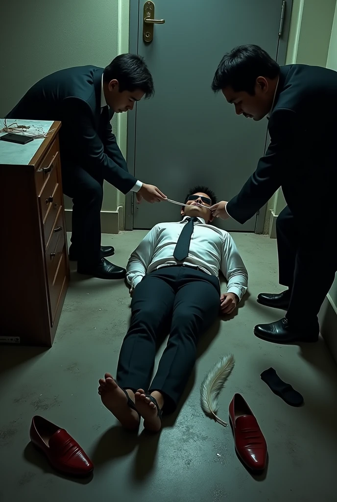 Malaysia malay handsome malay Zarul 23years lawyer
Tied to the wall
He fainted on floor
5 Toes feet
His hand handcuff in abondon warehouse
Blindfolded and handcuff
Formal Outfit
feather duster on desk
Dirty black long sock on floor
Red loafers shoes on desk
2 evil mafia pinch nose