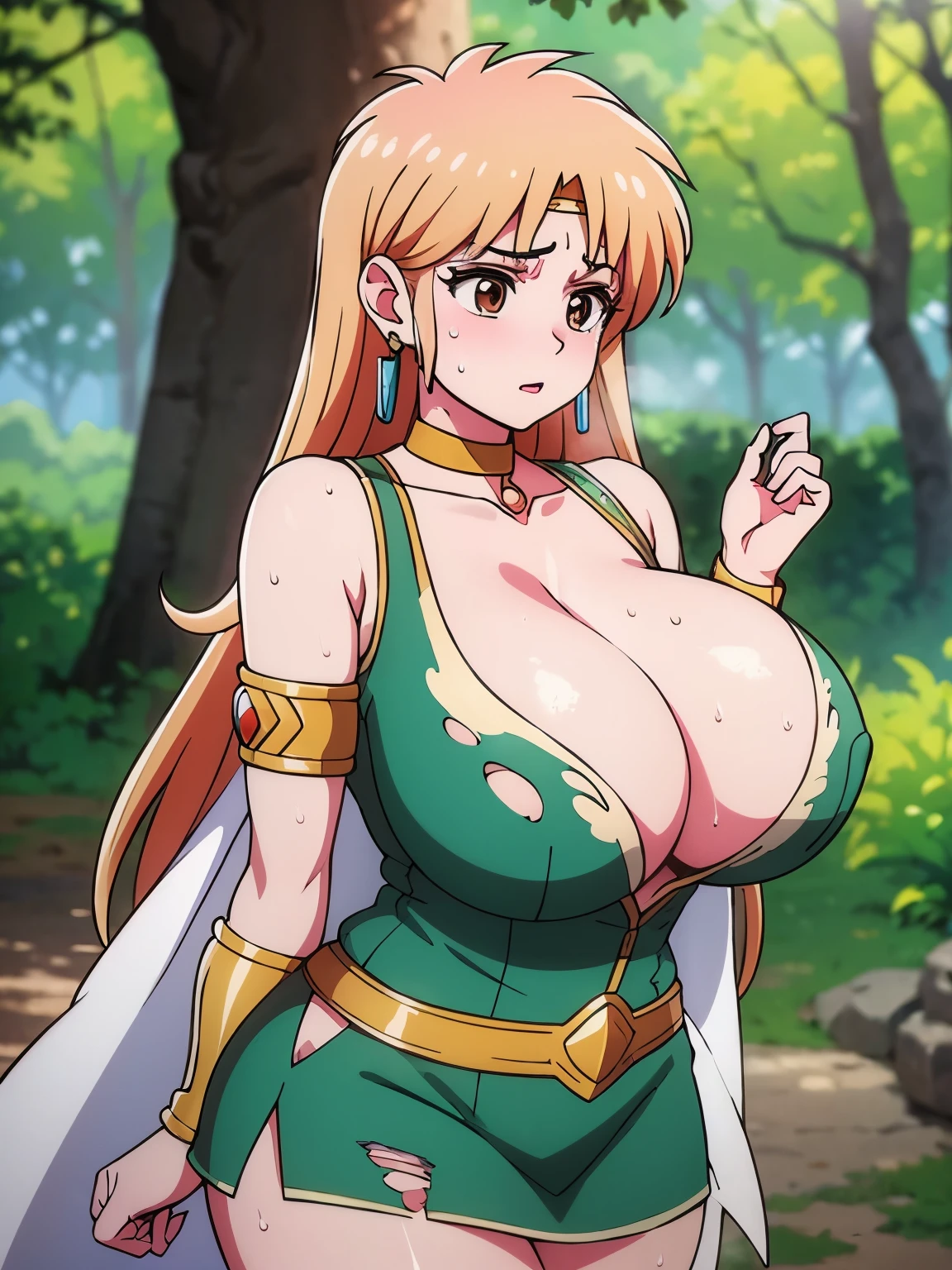 (masterpiece, highest quality:1.2), Ultra-high resolution), RAW Photos, Professional Lighting, Cinema Lighting, (1 girl), Leona, Dragon Quest:dai no daibouken, (blonde, Long Hair, Brown eyes, tiara, hair ornaments, bangs), ((earrings, brass Circlet, choker, torn white cape & cloak, sleeveless torn white cardigan, torn green short dress, torn white knee high socks, golden bracelet)), (((((ultra large natural breasts, Super huge tits, Super huge boob, Super huge cleavages))))), (nature, grasses, rocks, trees, lake, sky), detailed face, detailed eyes, clear & fine eyes, full body shot, standing, (torn clothes:1.85, NSFW:1.85, sweat bodies:1.85),