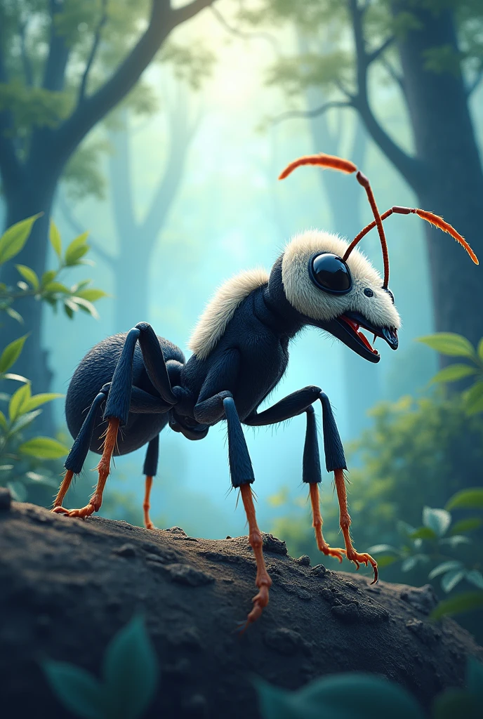Create a cover type image like "Very interesting Jr." about the Pheidole megacephala or known as panda ant (animal) and with his name, with a background of forest and leaves and light blue color #D3EBF1