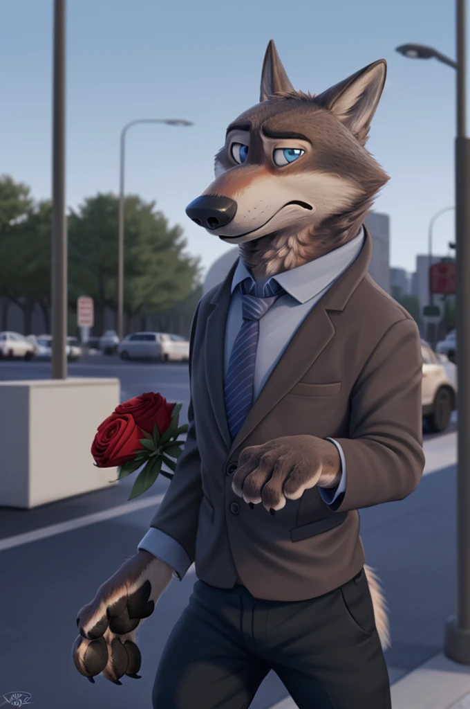 Larry (Zootopia), wolf, gray fur, (brown body:1.3), Blue eyes, Zootopia, dressed, blazer, shirt, Red tie,trousers,canine, wolf, detailed fur, Male, antro, paw pads, finger claws,Holds roses, at viewer, 5 fingers, paws, 4 toes,
BREAK from nextel, for dating, by xenoforge, (difficult, high detail, film photography, soft focus, RAW explicit cinema,
photorealism, realistic, photorealistic, digital style, subsurface scattering,
masterpiece, Best quality, ultra realistic, 8 K)
