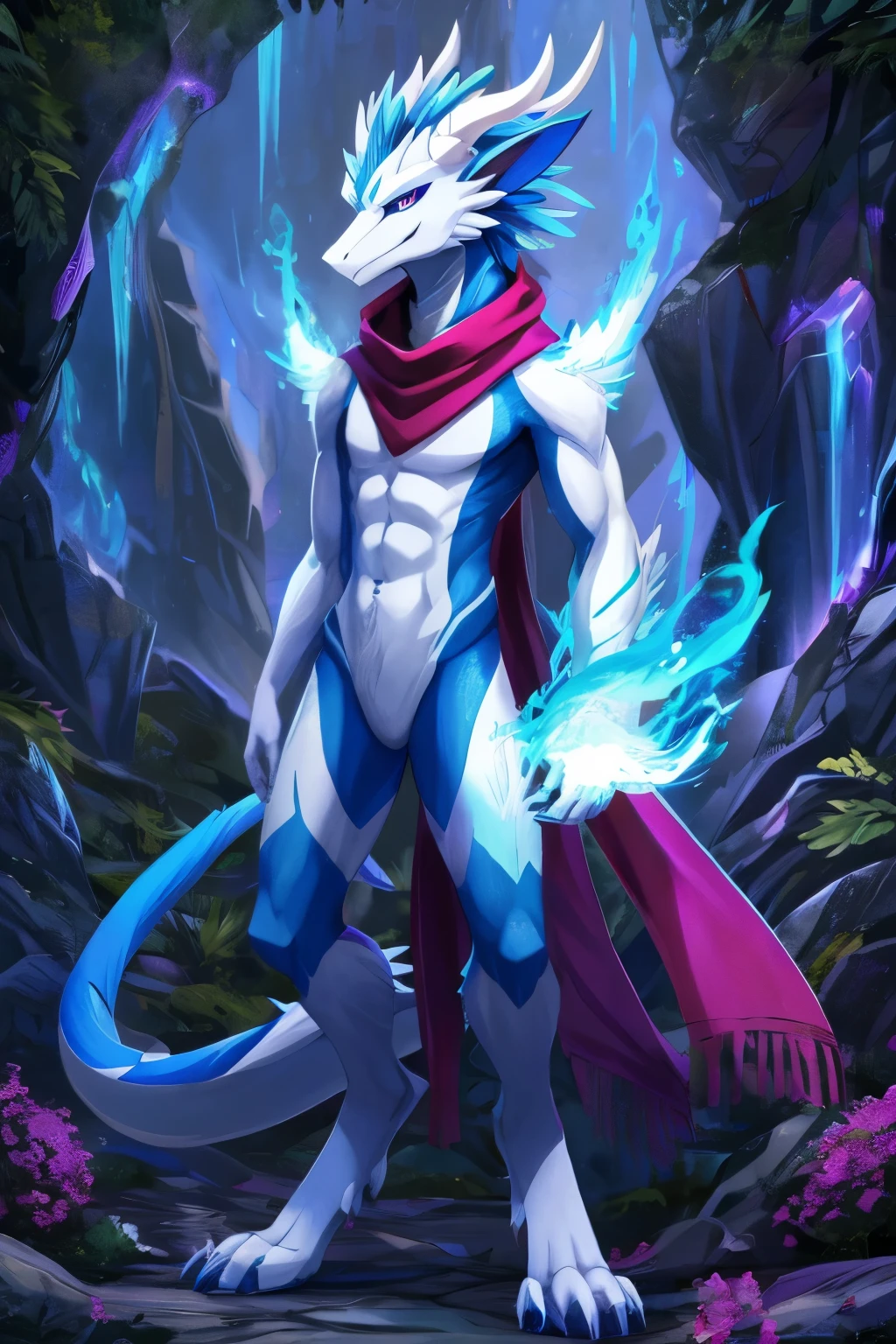 (anime), (front facing), (looking at the camera), slim furry white dragon using fire magic, blue secondary body color, (black, magenta and blue complimentary colors), spikes, very long muzzle, neck and tail fur, digitigrade, creative horns, feathers, dark gradient, (wearing only a scarf), body markings, nature background, full body