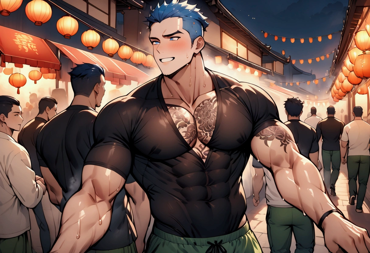 Highest quality、masterpiece、(muscular male:1.2)、(father:0.5)、独奏、Shaved head、Blue Hair、(sweat:1.3)、steam、tattoo on chest、tattoo on leg、On the upper half of his body he was wearing a tight fitting black shirt with an open neckline.、The lower half is green shorts、Night Festival、Excited、Hold hands and pull