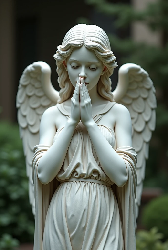 Realistic image of angel statue covering its mouth 