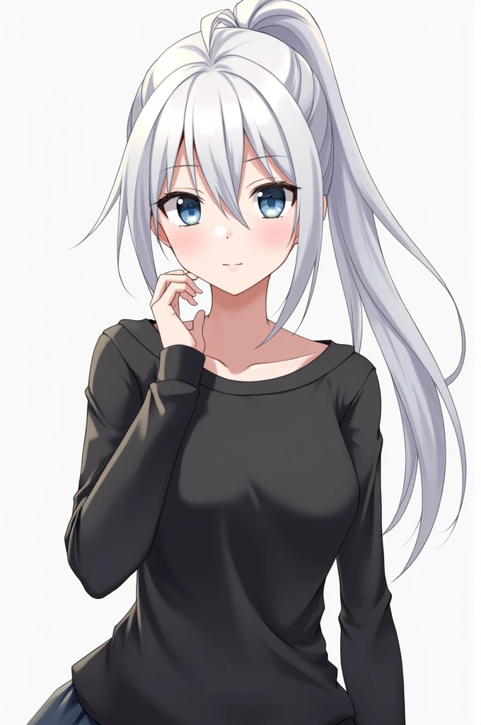 Female anime character white hair with ponytail black shirt