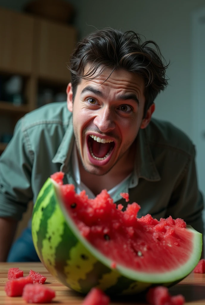 A young men screaming out horrorized after seeing a totally smashed watermelon