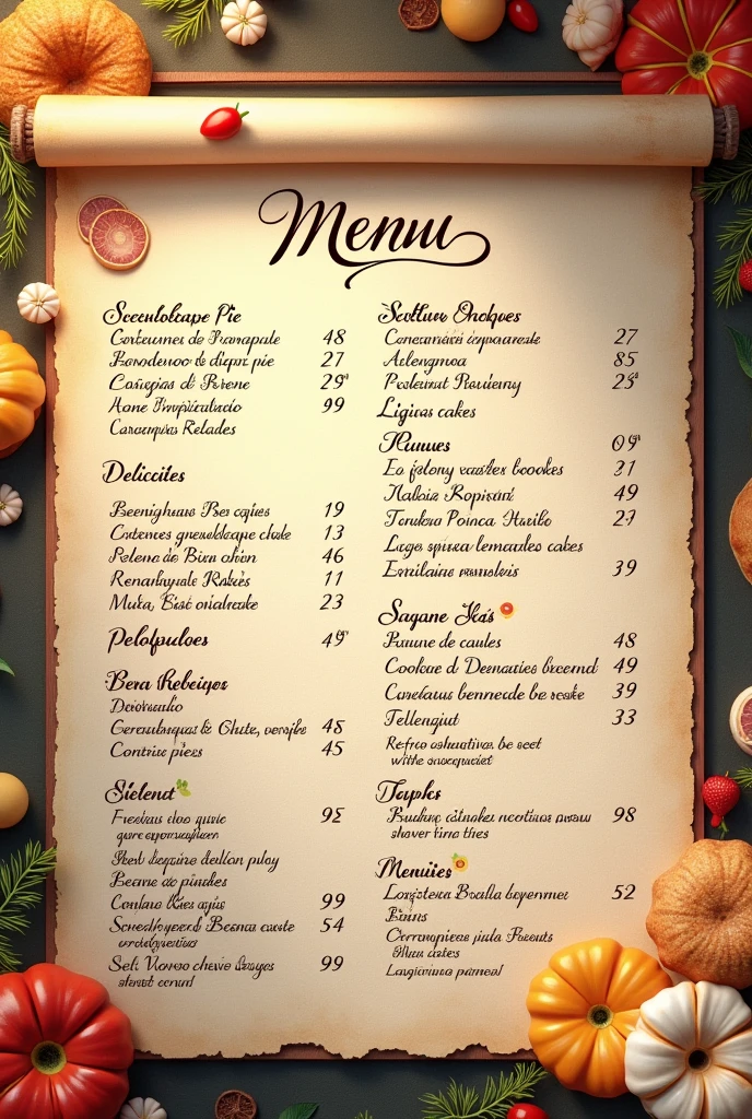 Paper menu written in PORTUGUESE Brazil (that has Scottish butter pie, donuts, shell shaped cookies, assorted cakes, natural juices and vitamins)