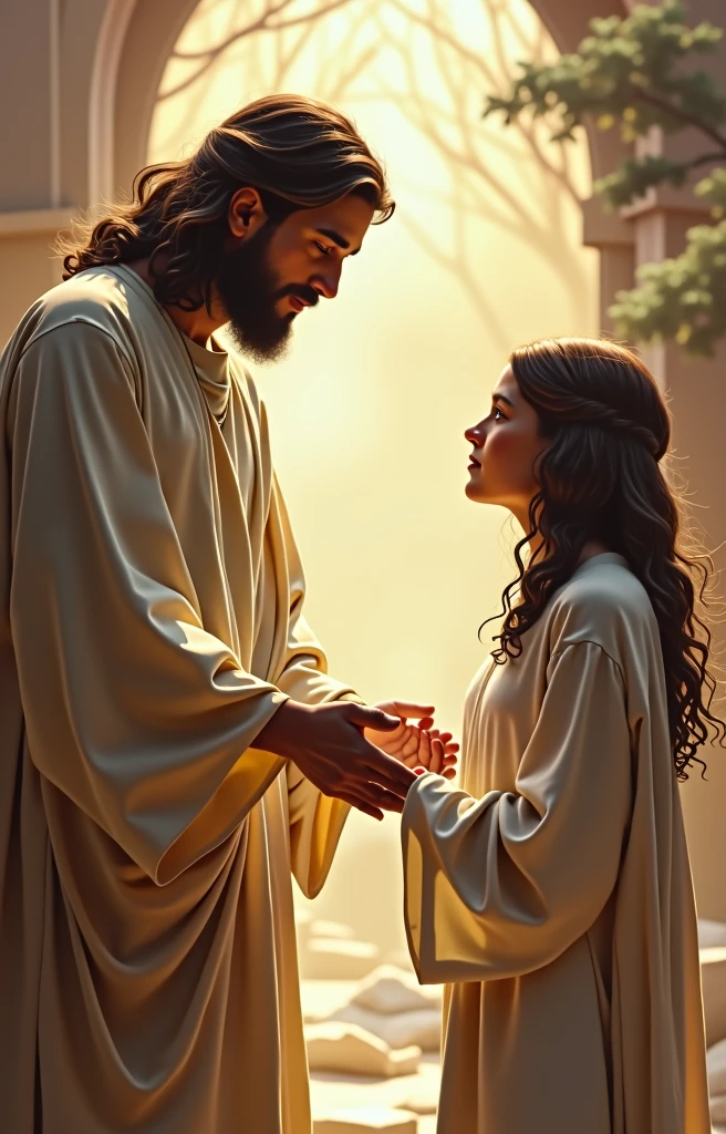 Jesus Christ giving blessing to a girl, de 18 anos, ((She is looking at the picture)).