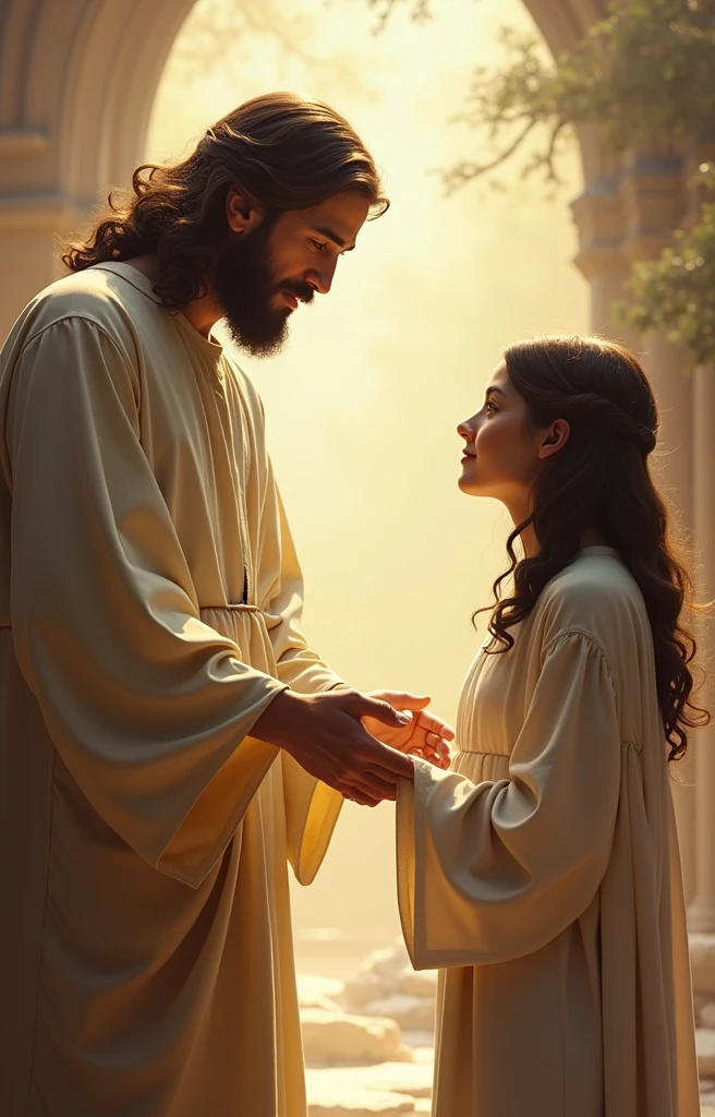 Jesus Christ giving blessing to a girl, de 18 anos, ((She is looking at the picture)).