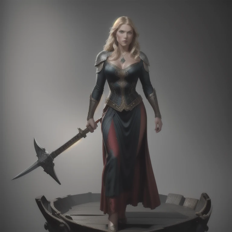 A sensual and beautiful full-body Viking warrior woman, holding a sword, standing on the prow of a Viking ship, intricate details, realistic, photorealistic, dark moody colors, dramatic lighting, volumetric fog, cinematic composition, highly detailed, (best quality,8k,highres,masterpiece:1.2),ultra-detailed,(realistic,photorealistic,photo-realistic:1.37)