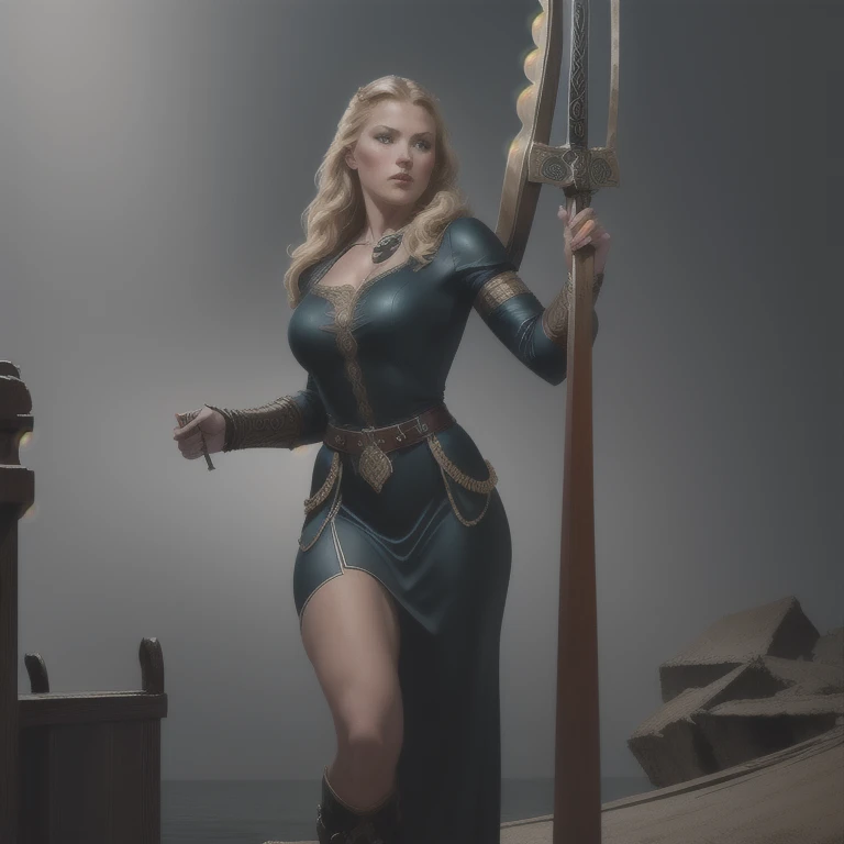 A sensual and beautiful full-body Viking warrior woman, holding a sword, standing on the prow of a Viking ship, intricate details, realistic, photorealistic, dark moody colors, dramatic lighting, volumetric fog, cinematic composition, highly detailed, (best quality,8k,highres,masterpiece:1.2),ultra-detailed,(realistic,photorealistic,photo-realistic:1.37)