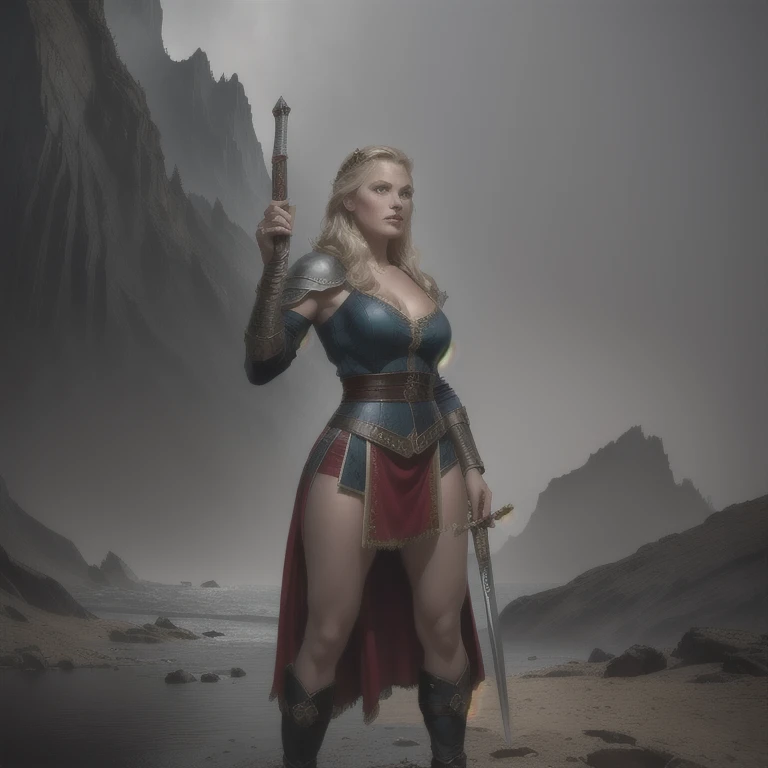 A sensual and beautiful full-body Viking warrior woman, holding a sword, standing on the prow of a Viking ship, intricate details, realistic, photorealistic, dark moody colors, dramatic lighting, volumetric fog, cinematic composition, highly detailed, (best quality,8k,highres,masterpiece:1.2),ultra-detailed,(realistic,photorealistic,photo-realistic:1.37)