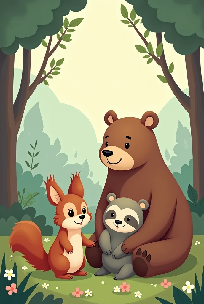 a cute drawing of a squirrel,with a sloth and a bear being friends