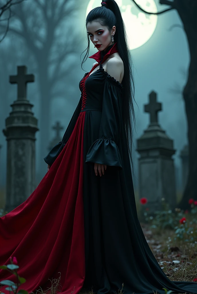 (RAW photo, best quality, masterpiece, ultra-detailed, high res), (realistic),(extremely
delicate and beautiful:1), mesmerizing vampire woman with long black hair in high
ponytail detailed red eyes , detailed features, smiling seductively , showing vampire fangs , ((wearing floor
length black and red lined satin cape tied at the neck:1.20)) , lingerie , standing
in a moonlight graveyard , imaginative, highly detailed, extremely high-resolution details,
photographic, realism pushed to extreme, fine texture, 8k, ultra-detailed, high quality, high
contrast, full body shot