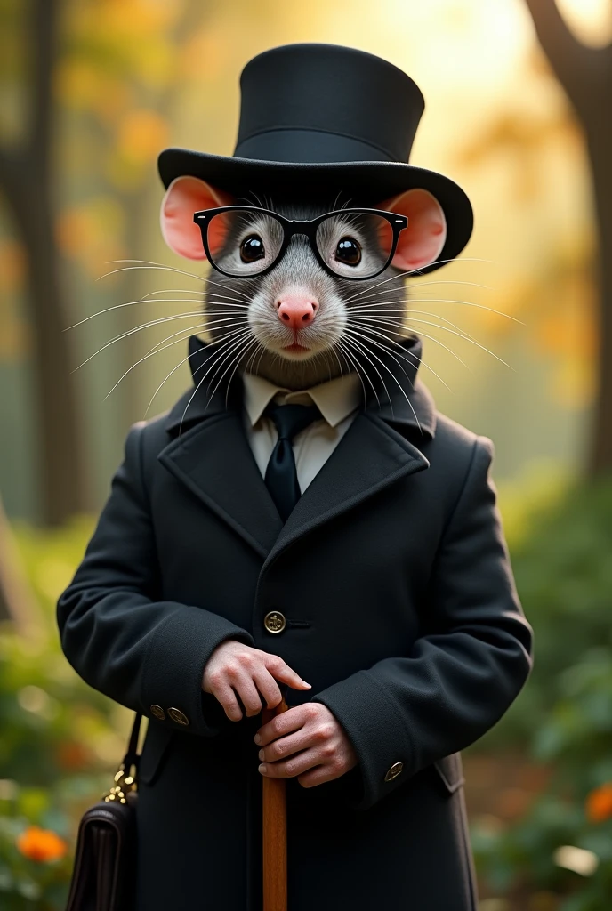 A beautiful rat , wear a black coat and hat , keep stick one hand and other hand bag . Wear a shoose and glass, nature background and sunlight , 8k