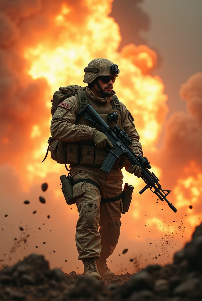 Photorealism 1.4 realistic realism high detailed definition create for me movie poster 6 commando on the centre background explosion shooting action smoke effect with backpack woodland camouflage uniform M4 carbine rifle with scope