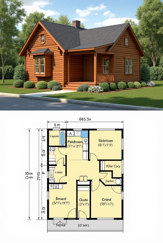 American style wooden house of 7 * 5, where on the first floor there is a kitchen, a bathroom, a door and the stairs, where on the second floor there are two bedrooms with a bathroom, a library room and a guest room.