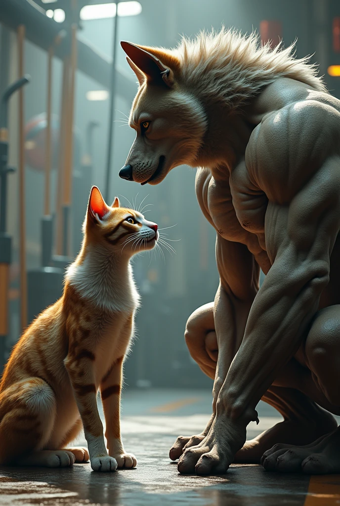 MAKE A VERY STRONG HALF-HUMAN-LIKE DOG TALKING TO A CAT, IN A GYM AS IF THEY WERE HUMAN