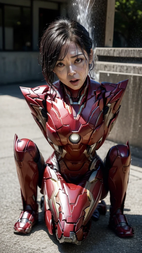 Highest quality　8k red armor　Iron Man Suit　Middle-aged women　　Sweaty face　　short hair　　Steam coming from the head　My hair is wet with sweat　Black Hair　((Falling to the ground)) Dead　Injury　Full body portrait　顔だInjury露出している　