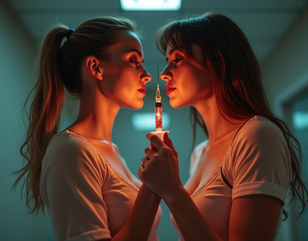 A provocative and intriguing scene unfolds before us. The camera captures the comfort nurses in a bold, sensual pose, their skimpy uniforms showcasing their toned physiques. Soft lighting illuminates their confident smiles, emphasizing their seductive charm. In one nurse's hand, a syringe filled with an ominous, murky liquid seems to gleam menacingly, while her companion holds hers similarly, both radiating a sense of daring vulnerability. The composition emphasizes the nurses' striking features and alluring postures, drawing our attention to the subtle tension between their playful demeanor and the sinister nature of the substances they hold., nsfw, multiple girls, ceiling, perfect anatomy, cleavage, saggy huge breasts, tits, pale areola, nipples, pussy, masterpiece, incredibly absurd res, absolutely resolution, ultra high res, entirely sharp focus, pov, panorama, fisheye lens, 