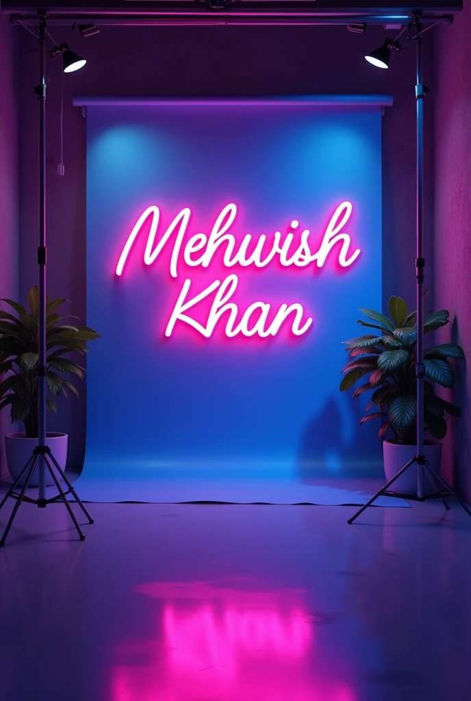Create a Instagram studio background with a modern and sleek design. In the center of the background, display the name 'Mehwish Khan' in bright neon lights with correct spelling. The neon lights should be in a vibrant color, such as electric
blue or neon pink. Surround the neon text with subtle, complementary lighting and decor that enhances the studio aesthetic. The overall ambiance should be stylish, professional, and inviting, perfect for a Instagram content creator's studio.